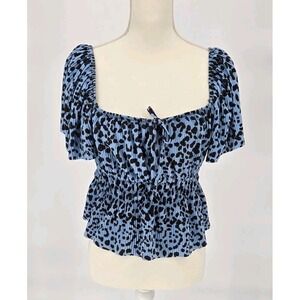 Bershka Blue Leopard Print Smocked Peplum Top Short Sleeve USA L